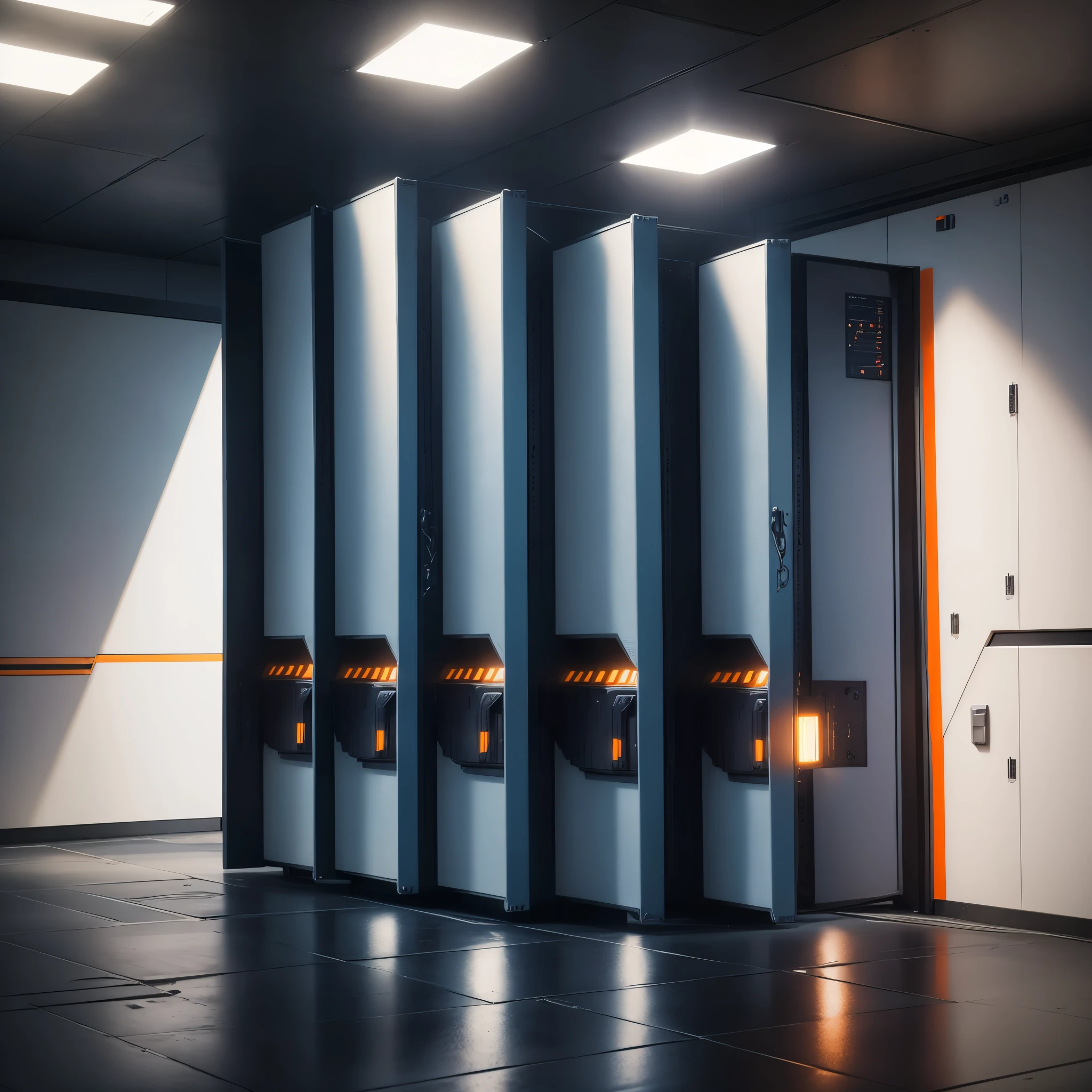 the call of duty armory is a dark room with white lights and not windows, there are weapon cases, military boxes in blue color, military boxes in orange color, no people,