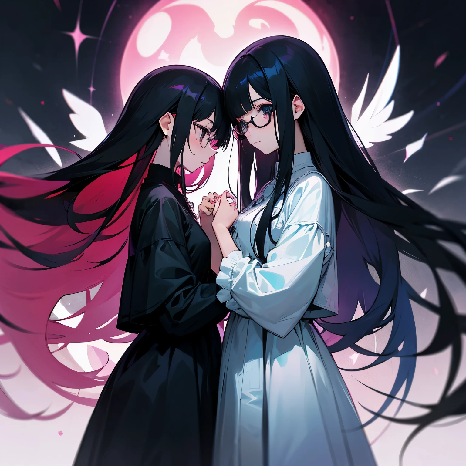 Anime art of two cute anime twin girls, one of them is pink gothic style, one of them is a super kawaii style. Both of them have long black hair with straight fringe hime cut, both wear black rimmed glasses, do not show hands in the picture