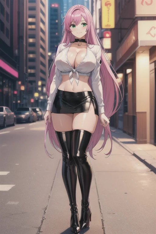 1 girl, 19 years old, Long pink hair, green eyes with slit pupils, master-piece, best quality, (standing up), (white shirt), (long sleeve white front-tie crop top, black leather pencil mini skirt, patent leather high heel boots, cleavage), (Big , ultra gigantic , Super super big, Glamorous body), Make eye contact with the camera, front figure, looking forward, (light_Smile:1.5), (Detailed hands and fingers:1.2) (Cyberpunk City), (FULL BODYSHOT), thighs thighs thighs thighs、beauty legs、