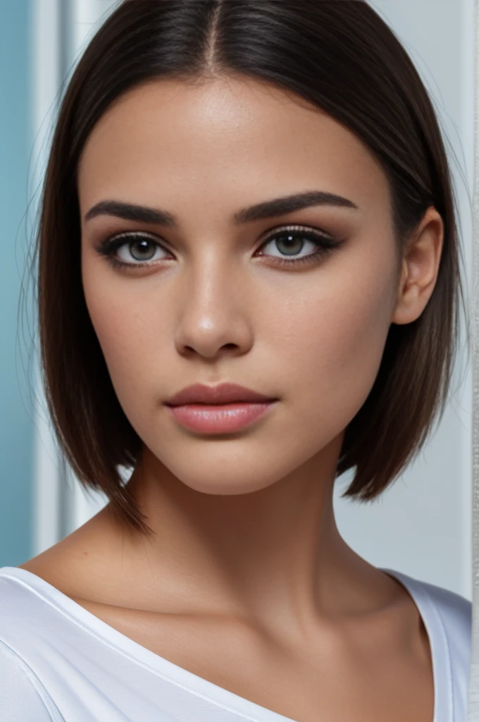 (best quality, highres:1.2), ultra-detailed, realistic:1.37, beautiful detailed eyes, beautiful detailed lips, extremely detailed face, long eyelashes, black woman, short hairstyle, wearing a white t-shirt and light blue jeans.