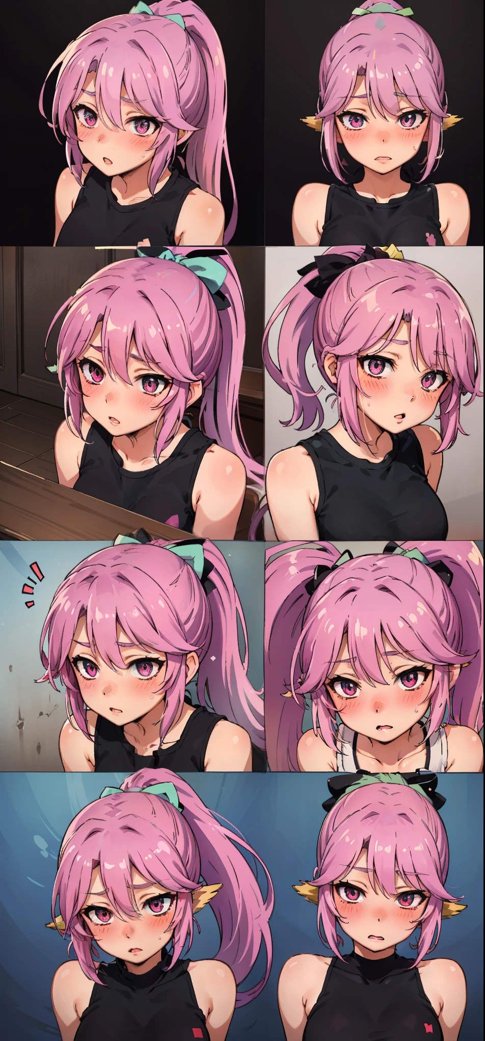 Jibril, (standing), blushed, perfect anatomy, detailed eyes, detailed lips, extremely detailed eyes and face, vivid colors, sharp focus, masterpiece:1.2, ultra-detailed, blushed, ((doggystyle)), (solo), ((tie)), sleeveless, ((((ponytail)))), story, (((charecter sheet))).