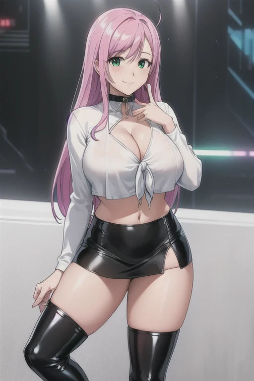 1 girl, 19 years old, Long pink hair, green eyes with slit pupils, master-piece, best quality, (standing up), (white shirt), (long sleeve white front-tie crop top, black leather pencil mini skirt, patent leather high heel boots, cleavage), (Big , ultra gigantic , Super super big, Glamorous body), Make eye contact with the camera, front figure, looking forward, (light_Smile:1.5), (Detailed hands and fingers:1.2) (Cyberpunk City), (FULL BODYSHOT), thighs thighs thighs thighs、beauty legs、