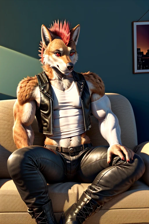 , anthropomorphic wolf, furry, 6'7 and 233 lbs, 50" Chest, 21" Shoulders, 17" Biceps, 36" Waist, 25" thighs, 17" calves
20" back, orange fur with red on the tips on his ears and brush of his tail, red hair, mohawk hairstyle, red eyes, wearing black sleeveless leather vest, wearing black bandana around forehead, wearing white t-shirt with ripped sleeves, wearing black leather pants, wearing black leather boots darkly lit room, watching tv, sitting on sofa, orange, tufted velvet chesterfield sofa, pastel purple, yellow, and mint green pillows, log cabin 