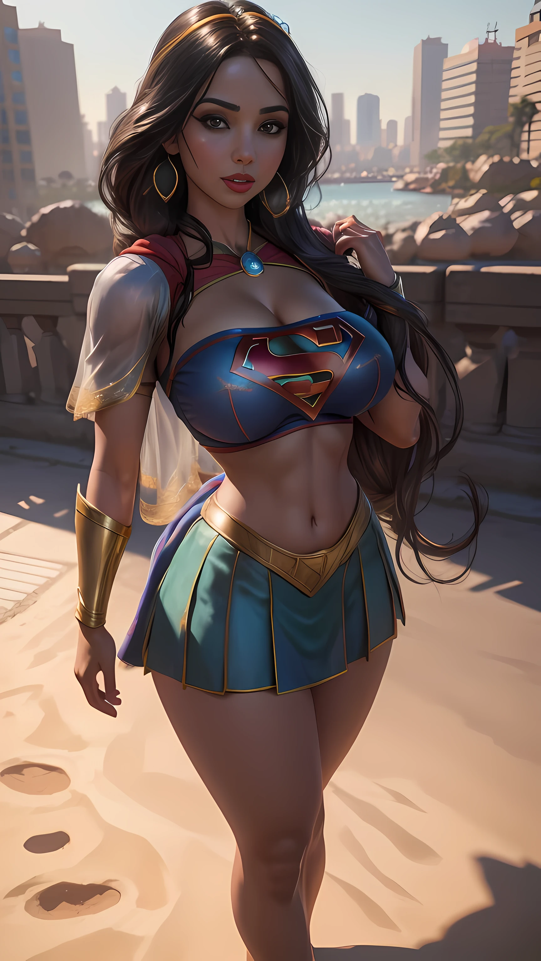 jasmine 1girl, supergirl outfit, (big breasts:1.4), outdoor, city landscape, full body, (realistic:1.2), (realism), (masterpiece:1.2), (best quality), (ultra detailed),(8k, 4k, intricate),light particles, lighting, (highly detailed:1.2),