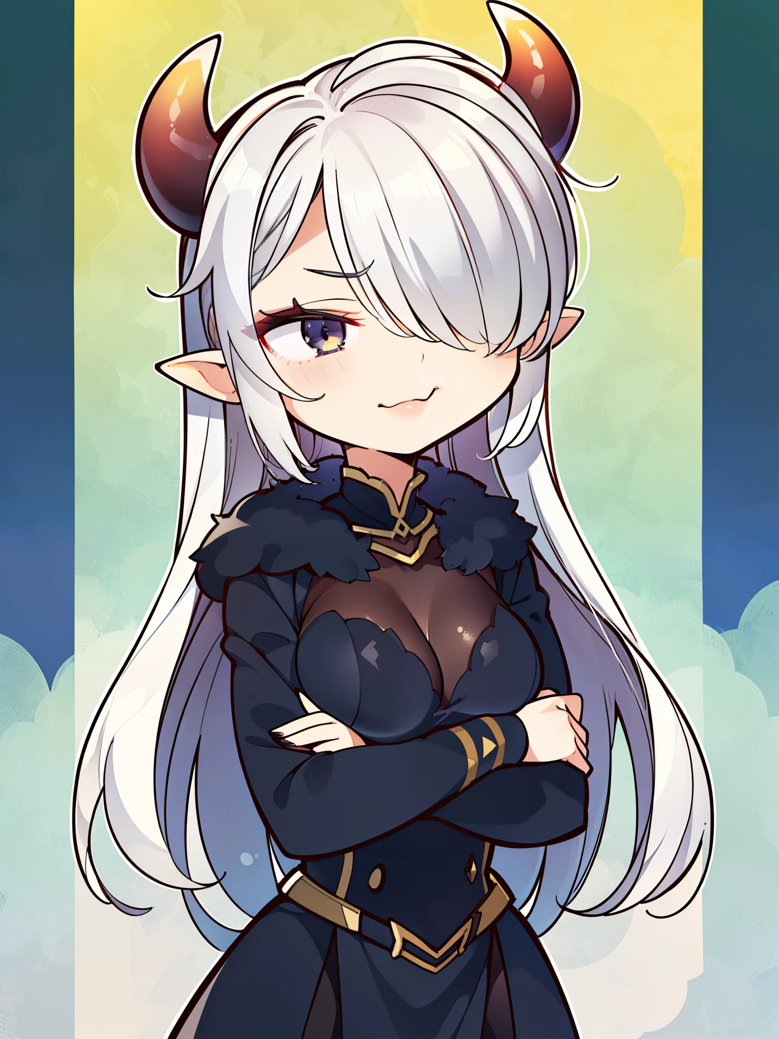 ((1adult woman,solo,milf,mature female)),lipstick,horns,smug face,crossed arms,white hair,long hair,((black dress)),long cape,elf ears,(((hair over one eye))),chibi