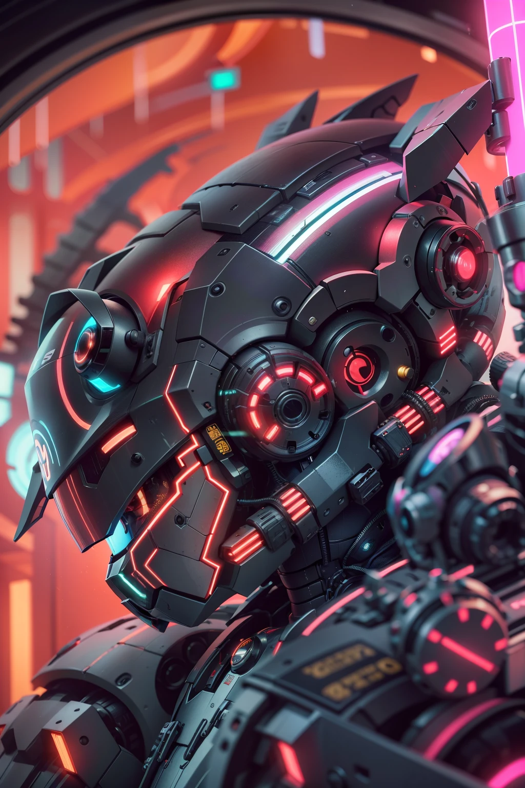 um close up de um robô mshn , futobot, ciborgue , Using CyberHelmet Bright Circle , armadura de batalha, MSHN Factory, tubes connected to the neck, luz neon fotorrealista, obra-prima, melhor qualidade, filme de 35mm, film grain, cyberpunk, EbonyGoldAI
