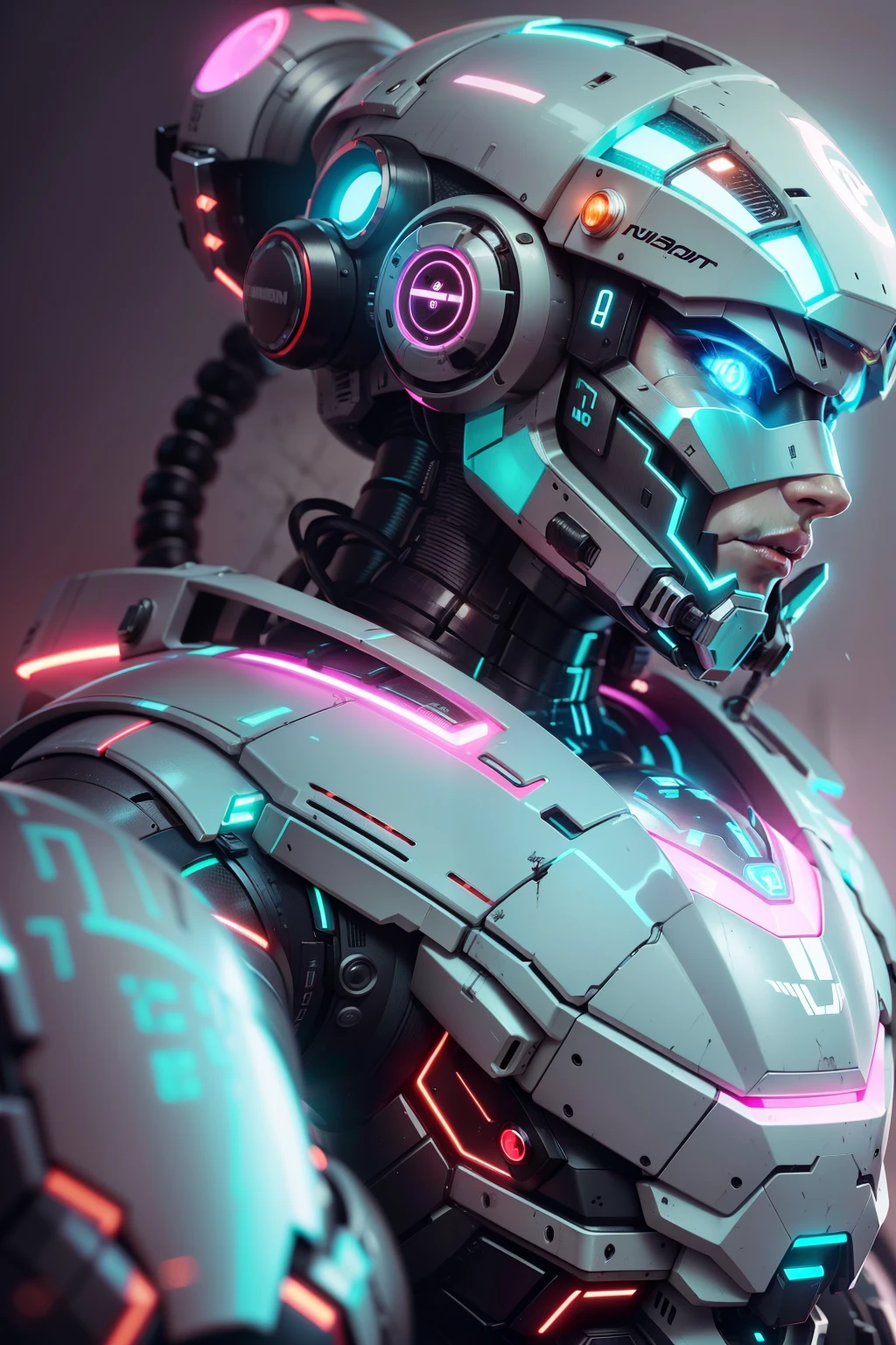 um close up de um robô mshn , futobot, ciborgue , Using CyberHelmet Bright Circle , armadura de batalha, MSHN Factory, tubes connected to the neck, luz neon fotorrealista, obra-prima, melhor qualidade, filme de 35mm, film grain, cyberpunk, EbonyGoldAI