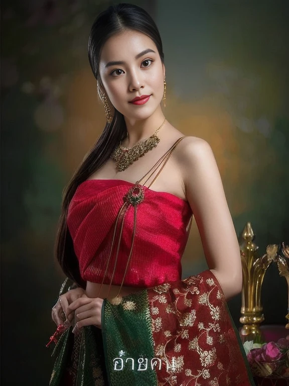 Close-up of woman in red dress holding green bag, traditional beauty, Southeast Asia that has existed for a long time, Niwan Chandra, Sukhothai set, asian woman, beautiful portrait, Portrait of a modern Darna, beautiful oriental woman, According to Thawan Duchanee's style, Dress in a sari., traditional clothing, traditional makeup