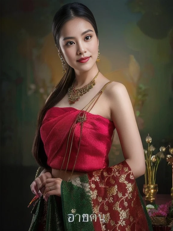 Close-up of woman in red dress holding green bag, traditional beauty, Southeast Asia that has existed for a long time, Niwan Chandra, Sukhothai set, asian woman, beautiful portrait, Portrait of a modern Darna, beautiful oriental woman, According to Thawan Duchanee's style, Dress in a sari., traditional clothing, traditional makeup
