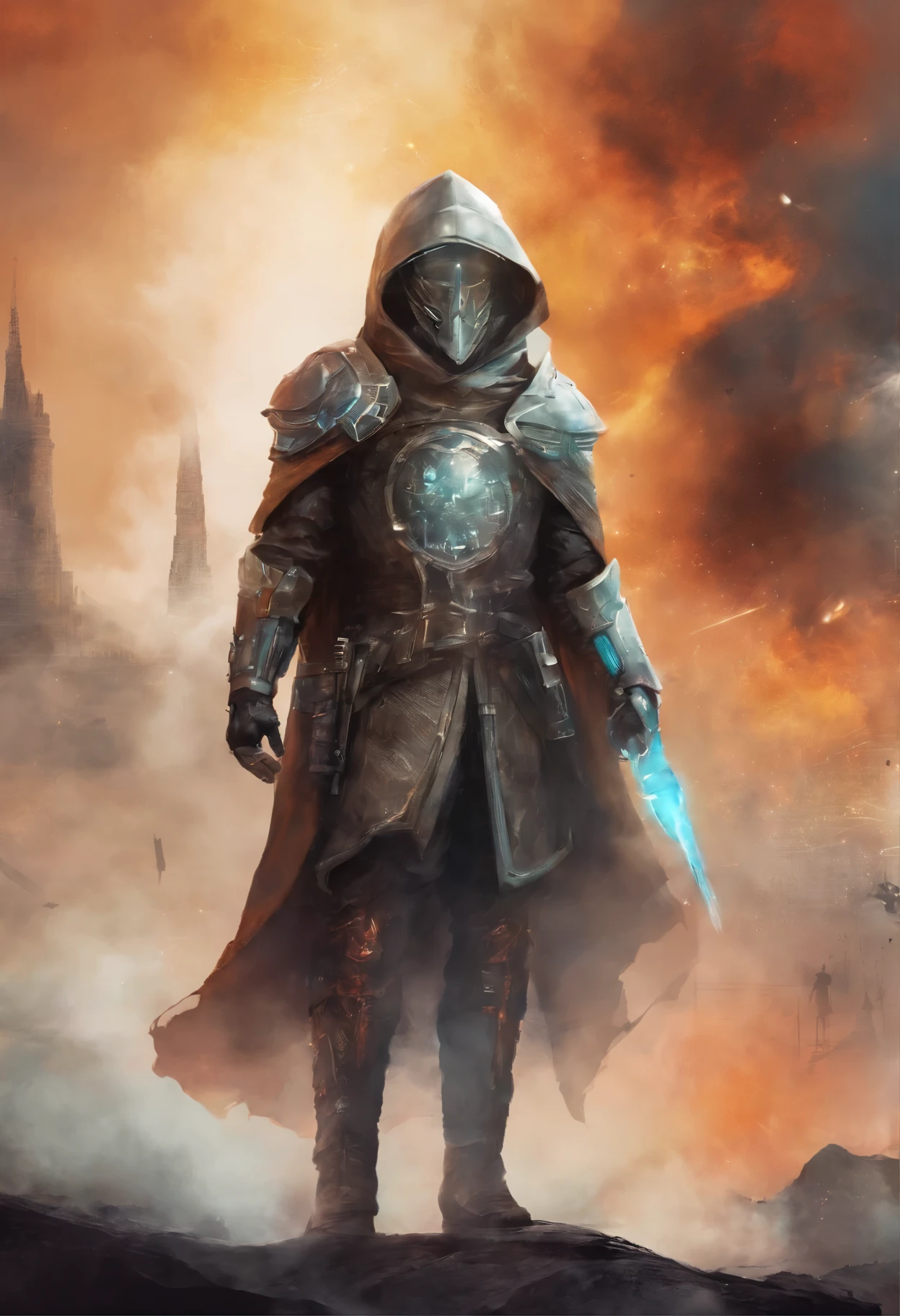 capa de livro. There is a man wearing a futuristic medieval costume. The image is full of smoke