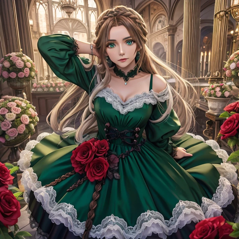 Anime, Girl, Rote Haare, Green eyes, Gotisches Kleid, Kleid mit Rosmarinmotiv, Rosmarinmuster auf dem Kleid, Rosmarin im Haar, Rosmarin im Haar, Rosmarinfarbenes Prinzessinnenkleid, Rosmarin im Zopf, lange Haare, braids, Rosmarin ins Haar geflochten, sehr detailiert, Meisterwerk