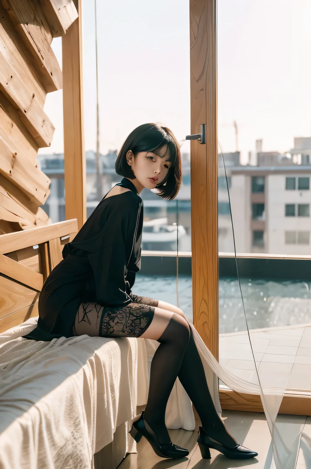 (Best quality, 8k, 32k, Masterpiece, UHD:1.2) "Generate a captivating artwork featuring a young Japanese girl model with short, sleek black hair styled in a chic bob haircut. Envision her bathed in dramatic cinematic lighting, creating an atmosphere of allure and mystery. Emphasize a romantic aesthetic vibe, showcasing the model in a poised and elegant pose that evokes a sense of intimacy and sophistication. Utilize warm and soft tones to enhance the romantic ambiance, and consider incorporating elements like flowing fabrics or flowers to add a touch of ethereal beauty. Capture the essence of romance and beauty through the model's expression, the play of light and shadows, and the overall aesthetic, creating a visually compelling and emotionally resonant piece." (perfect eyes), flawless skin, flawless face, cinematic, tight body, ((well-proportion female hands)), ((female hands with five digits)) ((Body is well proportioned)), ((chic bob haircut)), soft focus ((Short Black Hair)), ((sitting))