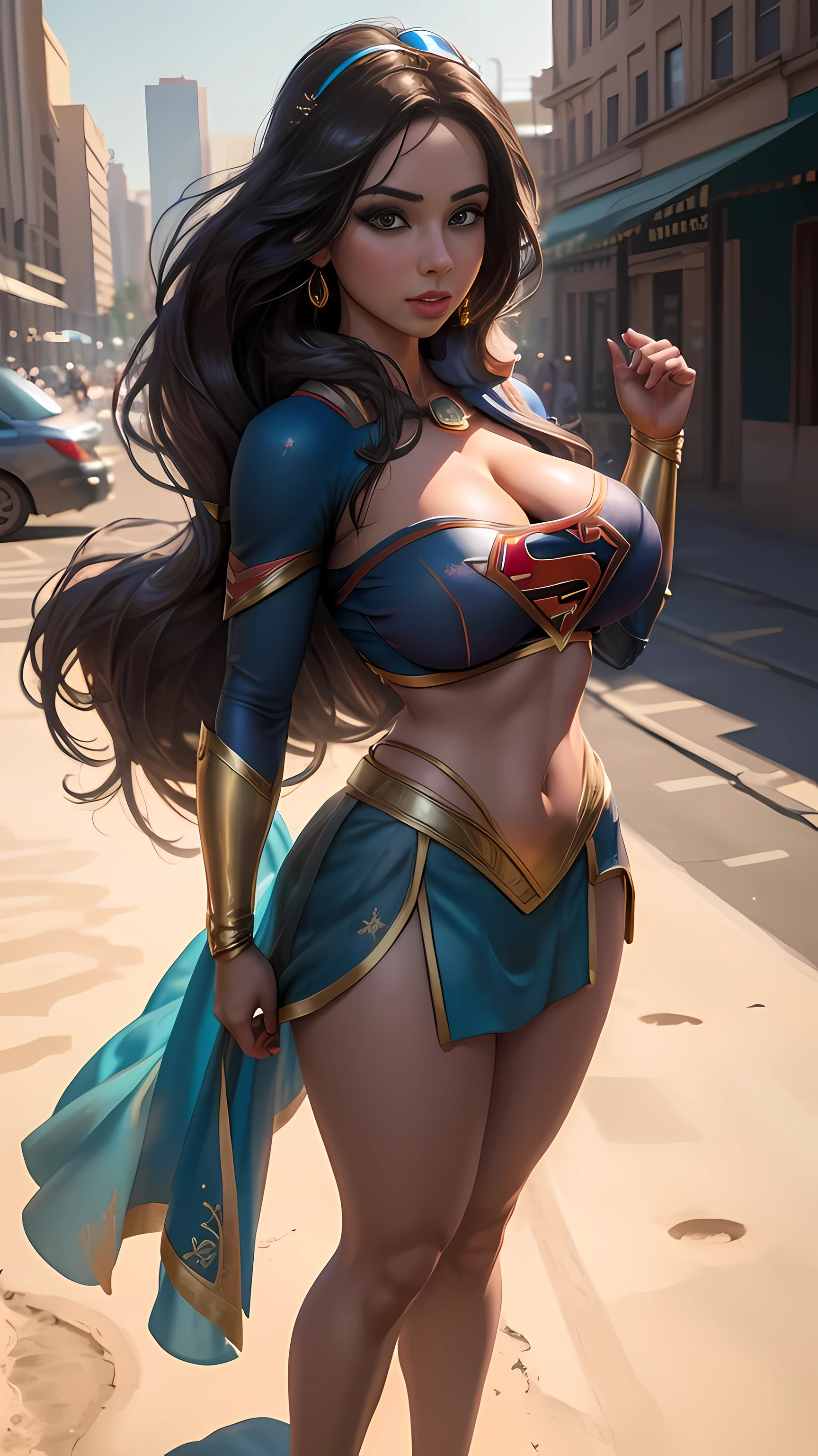 jasmine 1girl, supergirl outfit, (big breasts:1.4), outdoor, city landscape, full body, (realistic:1.2), (realism), (masterpiece:1.2), (best quality), (ultra detailed),(8k, 4k, intricate),light particles, lighting, (highly detailed:1.2),
