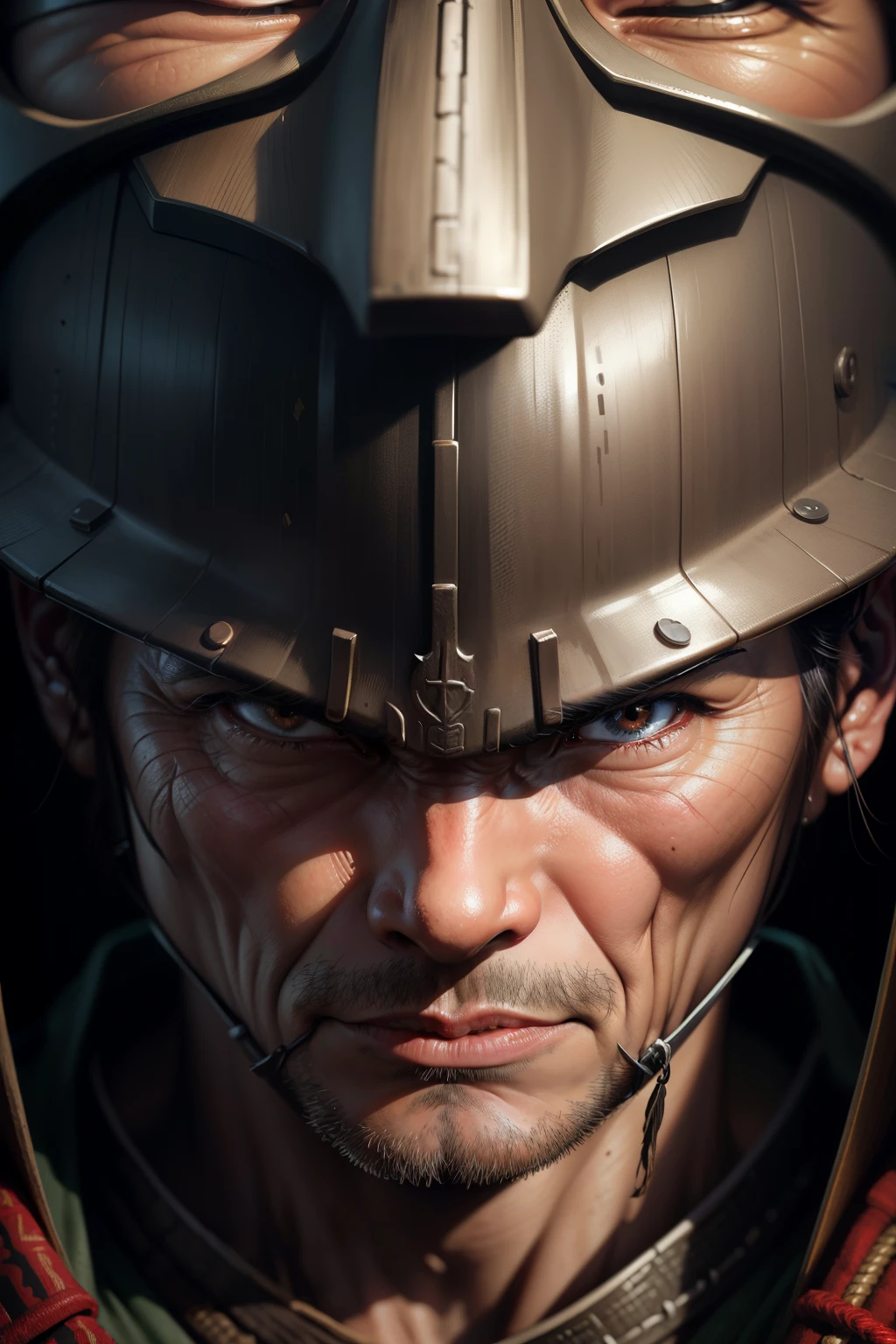 Realistic ultra HD close-up portrait，A samurai wearing a war mask, Wrinkles ,Facial expressions show strong emotions