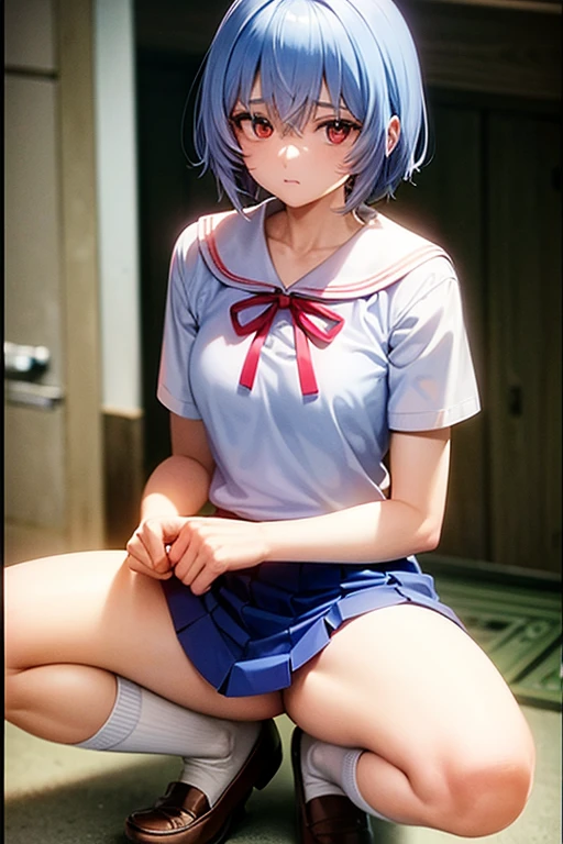 evangelion anime style, anime screencap, 1990s_\(style\), ayanami rei, 1girl, :|, bandaged arm, bandages, blue hair, blue shirt, blue skirt, border, breasts, closed mouth, dated, hair between eyes, knees, loafers, looking at viewer, pleated skirt, red eyes, red ribbon, ribbon, school uniform, shirt, shoes, short hair, short sleeves, skirt, small breasts, socks, solo, squatting, stairs, tokyo-3 middle school uniform, white border, white socks<lora:evangelion_anime_styl white swimming trunks