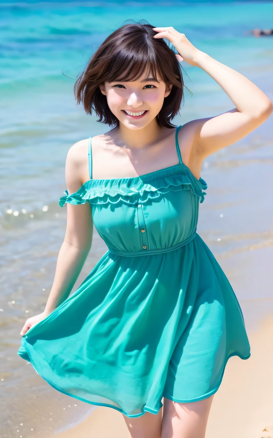 FULL BODYSHOT、top-quality、hight resolution、Brown hair、length hair、Long、Brown and loose perm,、Blue hairpin、Sleeveless dress、kindly smile、Skirt below the knee、skinny body、Floral dress、shores、blue-sky、The wind is fluttering my hair、Keep your mouth shut、Watch on left hand、With the horizon in the background、The gesture of putting hair over your ears