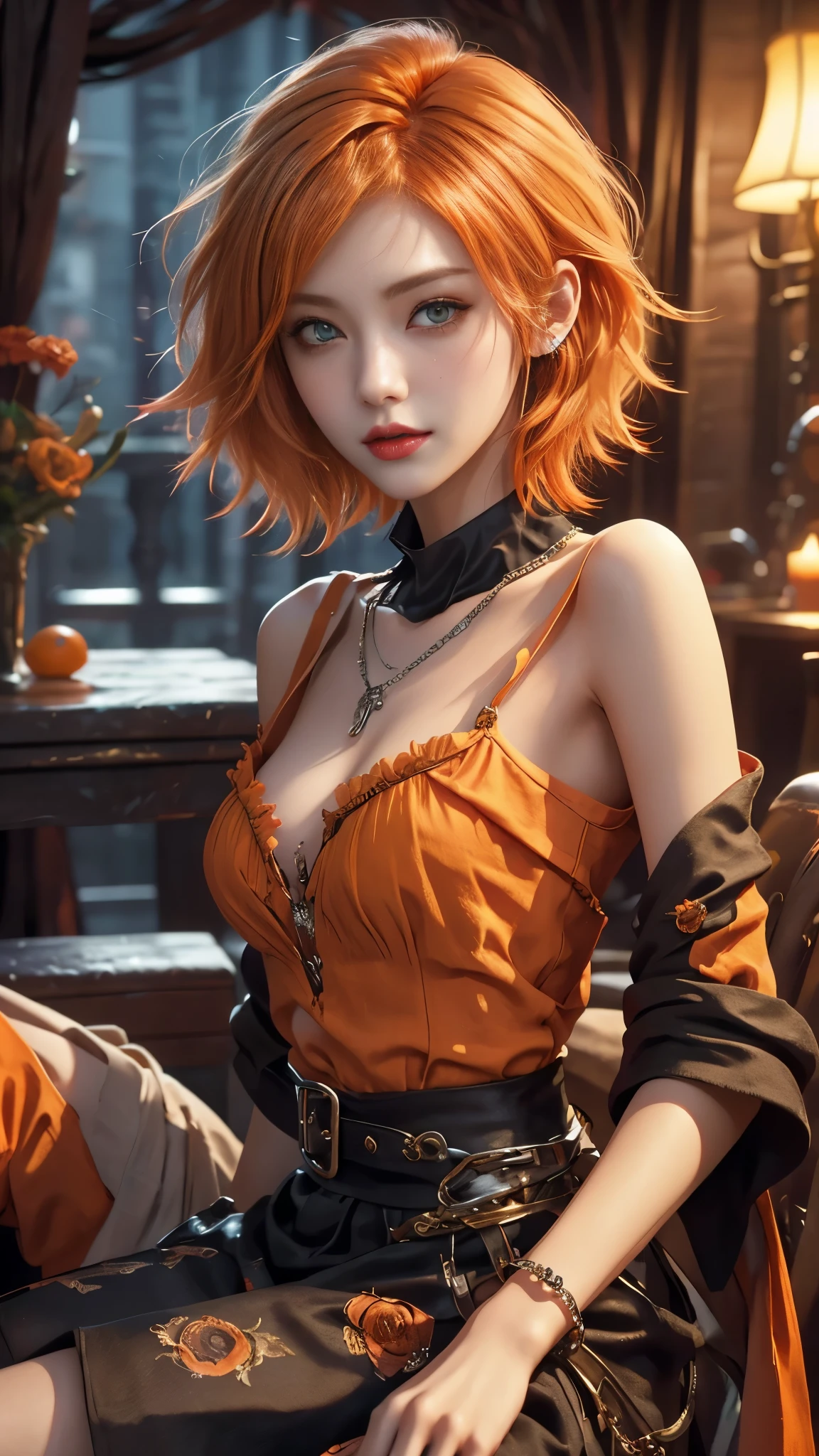 ​masterpiece, top-quality, ((1womanl)), different orange color, finely eye and detailed face, intricate detailes, Casual black and orange attire, window, A smile, Happiness, tenderness, high-level image quality、selfee, Beautuful Women、tall、a small face, D-cups, The upper part of the body、nightfall, nighttime scene、𝓡𝓸𝓶𝓪𝓷𝓽𝓲𝓬、Korea person, Idol Photos, Model photo, k pop, Professional Photos, Vampires, Korean fashion in black and orange, Fedoman with necklace, inspired by Sim Sa-jeong, androgynous vampire, :9 detailed face: 8, extra detailed face, detailed punk hair, ((eyes are deialed)) baggy eyes, Seductive. Highly detailed, semi realistic anime, Vampires, hyperrealistic teen, Delicate androgynous princess, imvu, ((short hair woman)), orange hair woman with wild look, ((Woman with short orange hair)), ((1 persons)), sitting,