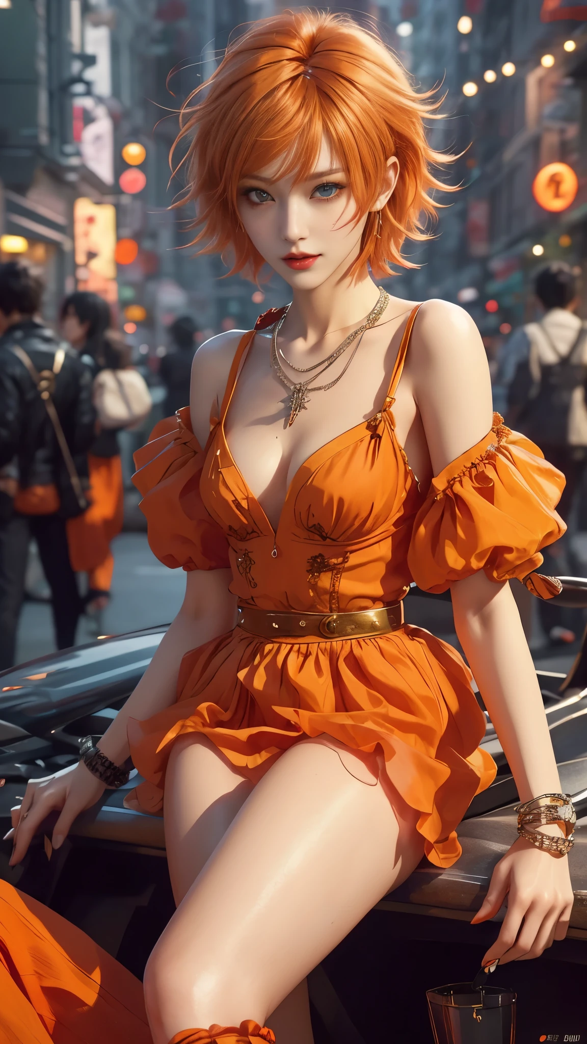 masterpiece, top-quality, ((1womanl)), different orange color, finely eye and detailed face, intricate detailes, Casual black and orange attire, window, A smile, Happiness, tenderness, high-level image quality、selfee, Beautuful Women、tall、a small face, D-cups, The upper part of the body、nightfall, nighttime scene、𝓡𝓸𝓶𝓪𝓷𝓽𝓲𝓬、Korea person, Idol Photos, Model photo, k pop, Professional Photos, Vampires, Korean fashion in black and orange, Fedoman with necklace, inspired by Sim Sa-jeong, androgynous vampire, :9 detailed face: 8, extra detailed face, detailed punk hair, ((eyes are deialed)) baggy eyes, Seductive. Highly detailed, semi realistic anime, Vampires, hyperrealistic , Delicate androgynous princess, imvu, ((short hair woman)), orange hair woman with wild look, ((Woman with short orange hair)), ((1 persons)), sitting,