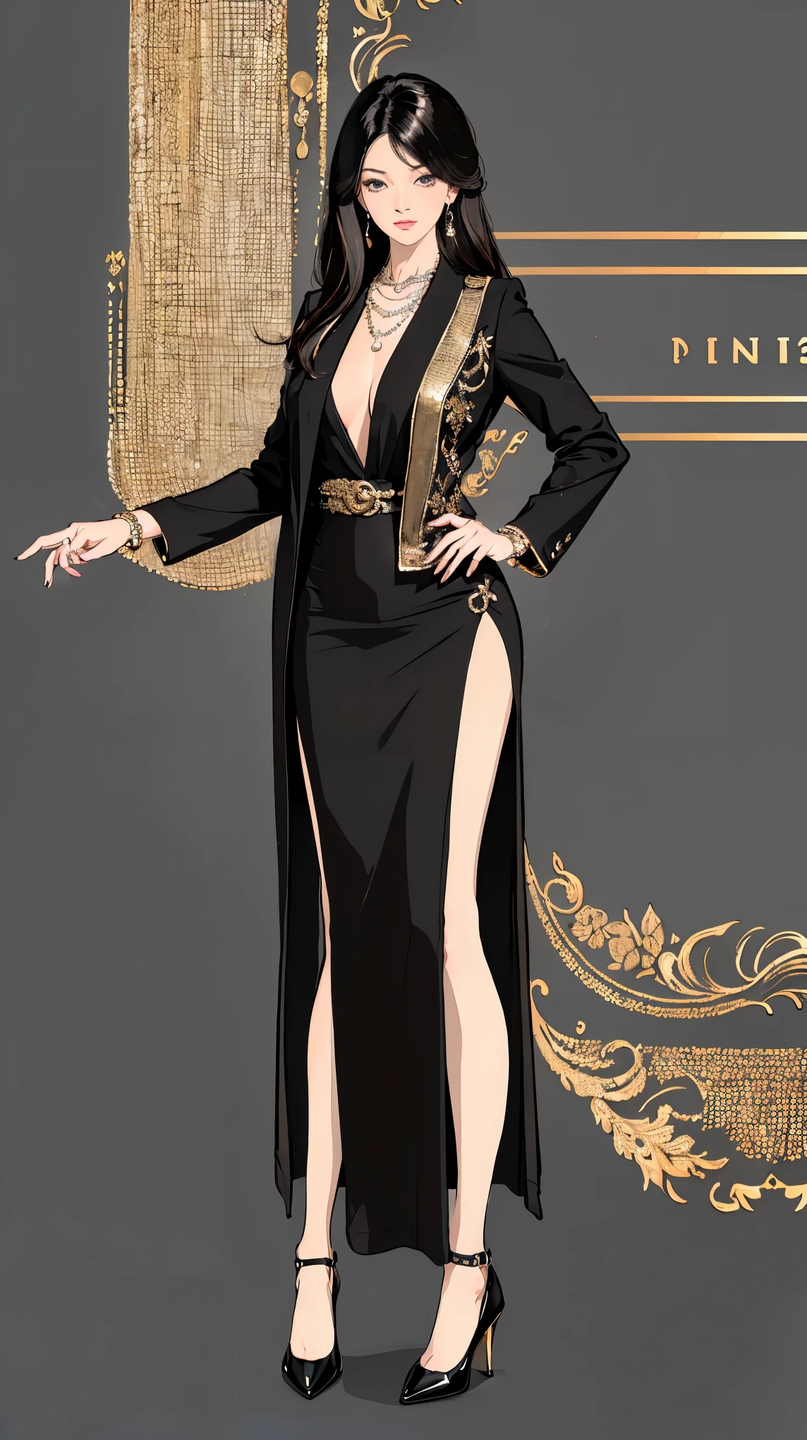 ((best quality,4k,highres,masterpiece:1.2)),((character concept art)), 1 female, 40-year-old Japanese woman, aristocrat, from an ancient and wealthy clan, billionaire, luxury lifestyle enthusiast, ((black shoulder-length hair)), ((intricate detail)), super finely detailed hands, ultra finely detailed fingers(((ten fingers))), emanating elegance, beauty, and superstar aura. She is wearing a Coco Chanel-inspired ensemble - a little black dress beneath a luxury tweed jacket, two-tone ballet flats, and accessorized with a quilted handbag and pearl necklace. She stands confidently, (full body showcase), (show full body), (no logos on background), (no logo), ((plain background)), ((plain background)), (((empty background))).