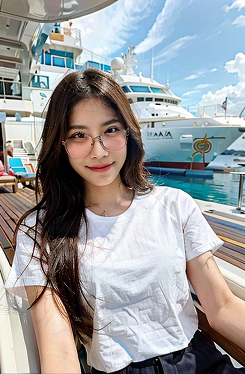 Create a photorealistic image. A picture of a pretty 30 year old Malaysian woman on a cruise ship. She is lying on her back on a deck chair. She has long hair and is wearing glasses. She is lying on her back in a deck chair on a cruise ship. She is holding a drink and looking at the camera and smiling. She is wearing a red t-shirt and white shorts. You can see her whole body from her head to her feet.