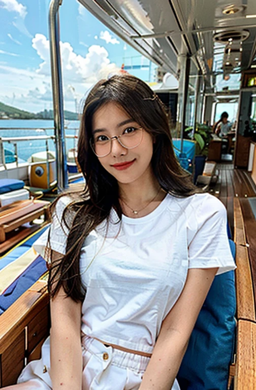 Create a photorealistic image. A picture of a pretty 30 year old Malaysian woman on a cruise ship. She is lying on her back on a deck chair. She has long hair and is wearing glasses. She is lying on her back in a deck chair on a cruise ship. She is holding a drink and looking at the camera and smiling. She is wearing a red t-shirt and white shorts. You can see her whole body from her head to her feet.