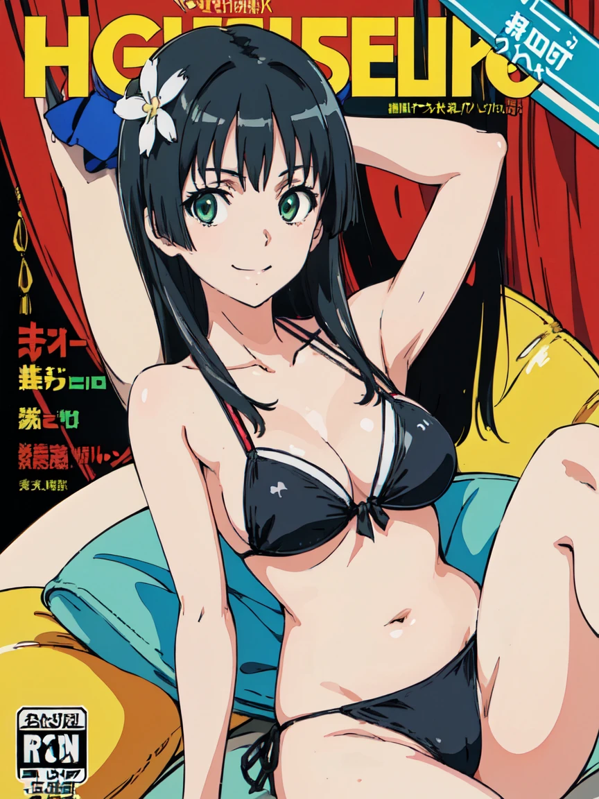 hustlercover, (High resolution:1.4), (masutepiece:1.2), (High quality:1.3) 1girl, saten ruiko, hair ornament, green eyes, long hair, black hair, small breast, bikini,  huge smile