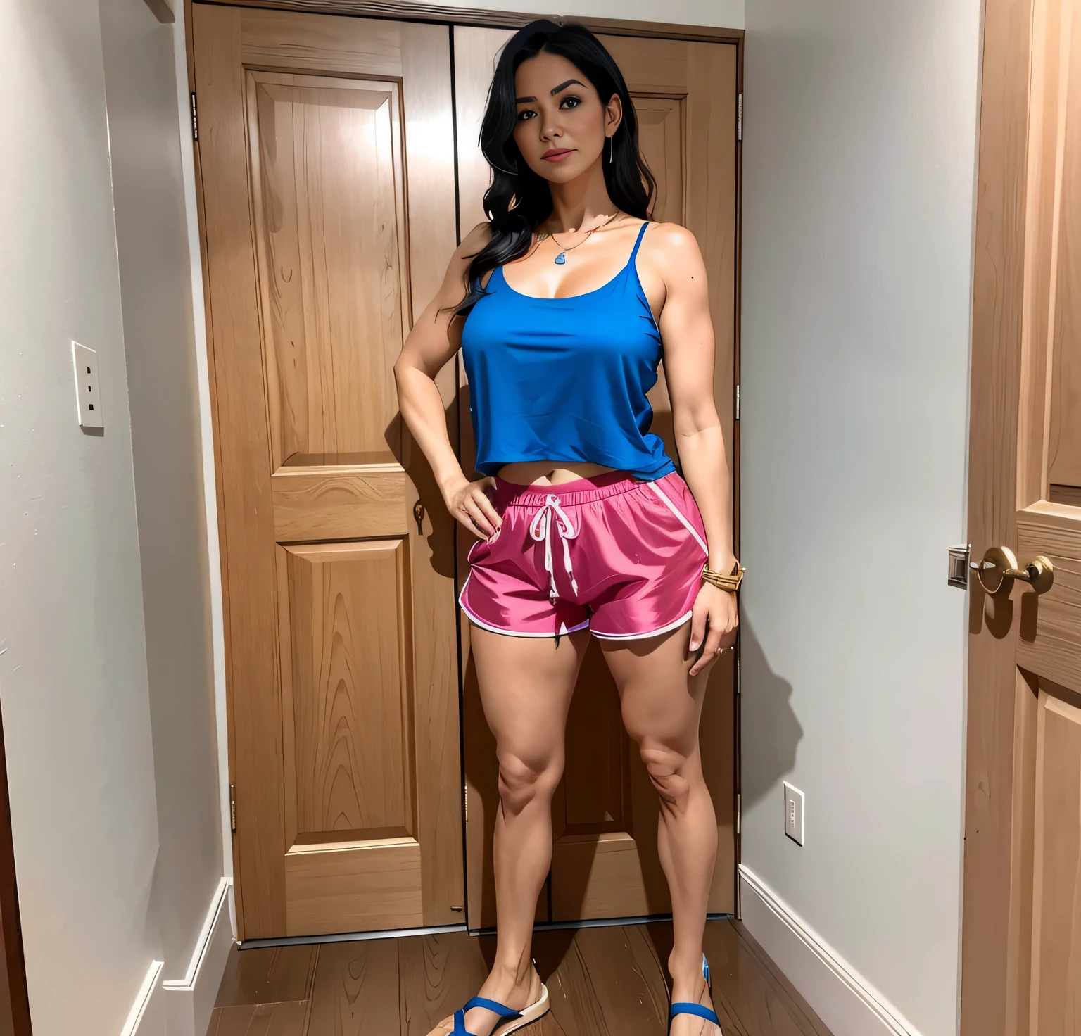 there is a woman standing in a doorway with a blue top, wearing a camisole and shorts, in shorts, dressed in a top and shorts, wearing a tank top and shorts, hot-pants, she is 40 years old, full body frontal view, posing in a bedroom, short puffy pants made of silk, colorful outfit, short robust woman, by Nándor Katona, high quality, high resoltuion, 8k