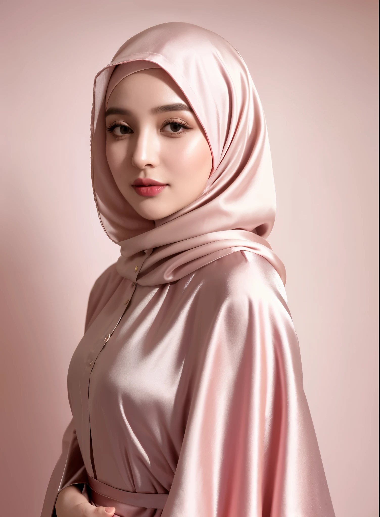 RAW photo of a 24 year old girl wearing hijab, satin abaya pink, satin, hijab face portrait, neutral background, 8k uhd, dslr, soft lighting, high quality, film grain, Fujifilm XT3, covered dress, decent dress, big tits:1.5