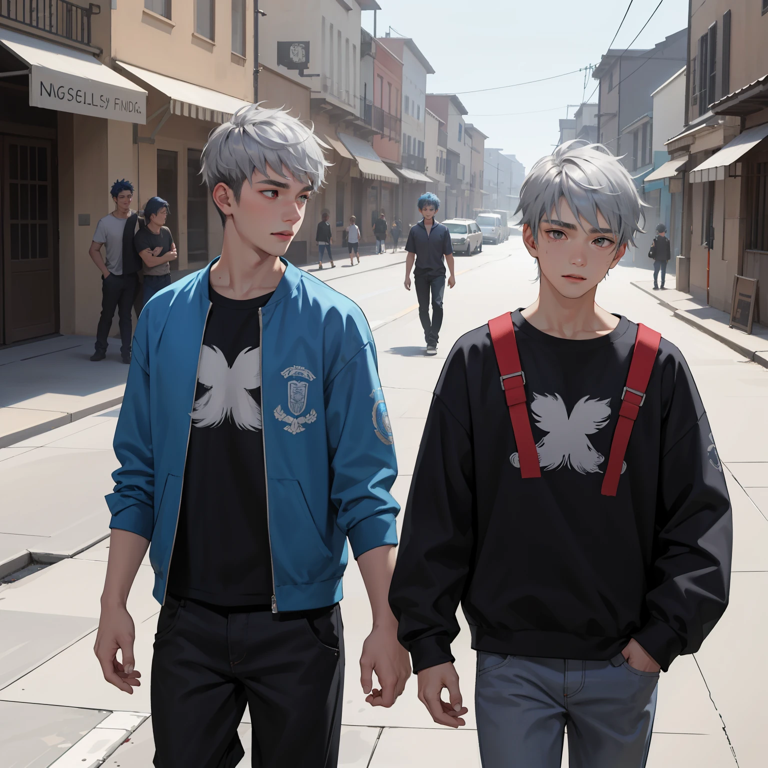 In the background is a silver city Two 15-year-old age friends with blue hair, With Latin skin and light gray hair on the outskirts of a large silver city they are talking about an important topic they are friends almost like brothers........