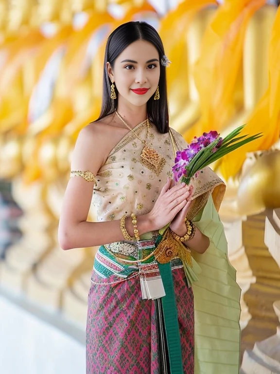 Araaf woman in Thai dress holding a bouquet of flowers, traditional beauty, Sukhothai set, traditional, According to Thawan Duchanee's style, Southeast Asia that has existed for a long time, traditional dress, traditional clothes, Thai girl anime, Wear elegant clothes, traditional clothing, wearing traditional garb, Thai art, Niwan Chandra