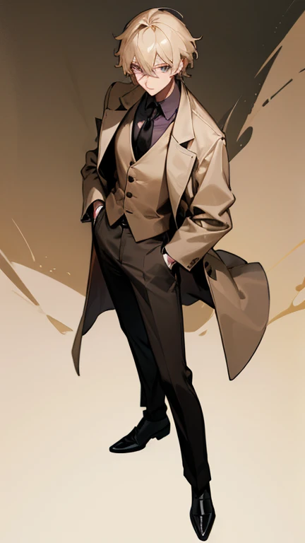 1 abult guy, black footwear, (beige hair), [black pants], [black coat], formal, full body, hair between eyes, jacket, jewelry, long sleeves, looking at viewer, male focus, necktie, pants, [purple eyes], shirt, shoes, solo, standing, (beige vest), uses ancient Slavic magic