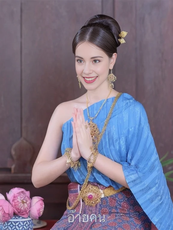 Arafing had a woman in a blue dress sitting on the table., Sukhothai set, traditional beauty, Dilraba Dilmurat, traditional this tradition, According to Thawan Duchanee&#39;s style, traditional clothes, Niwan Chandra, traditional dress, Southeast Asia that has existed for a long time, this tradition, wearing traditional garb, traditional clothing, traditional