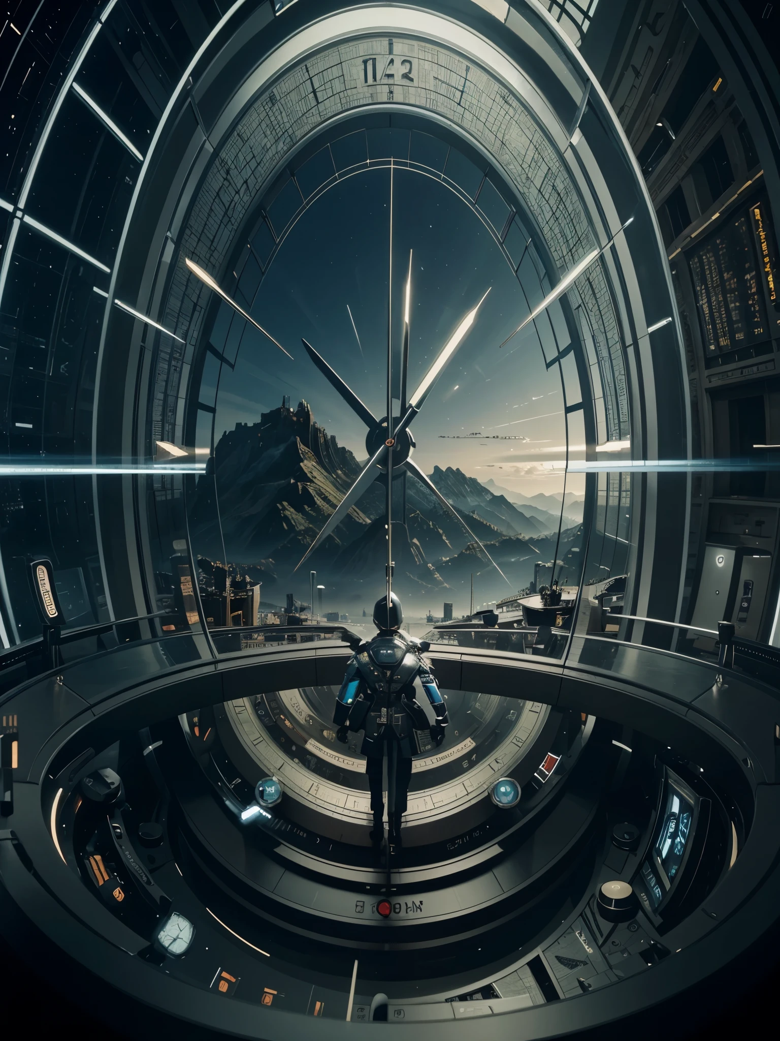 a futuristic landscape that has lots of clocks and watches in the background and its beautiful...4:3 ratio landscspe.make it a little bit animated....lots and lots of clocks