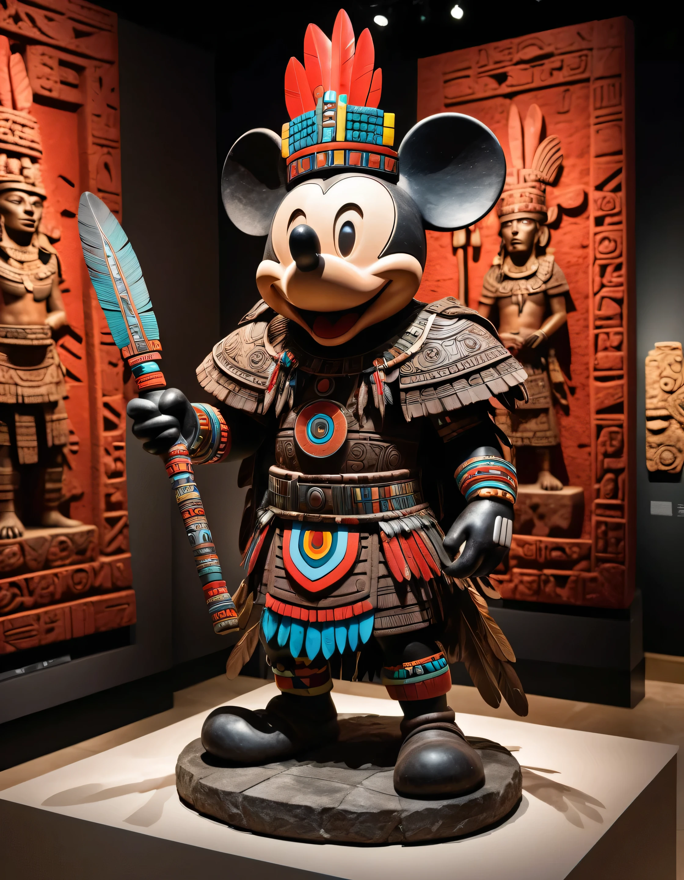 (masterpiece, best-quality:1.2) Photo of a [basalt-statue] of mickey-mouse as a (aztec-god) displayed in a (museum) feathers holding skulls weapons tribal armor shoulder-plates (low-angle) quarter-view isometric intricate focused professional lighting (detailed highres high saturation UHD) red