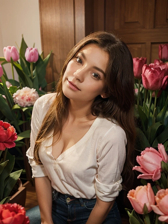 Instagram model, jeans, pink blouse, depicted in pixels, holding a gift, tulips, young ager, young beautiful cupid, upturned nose, straight hair, blonde, long hair