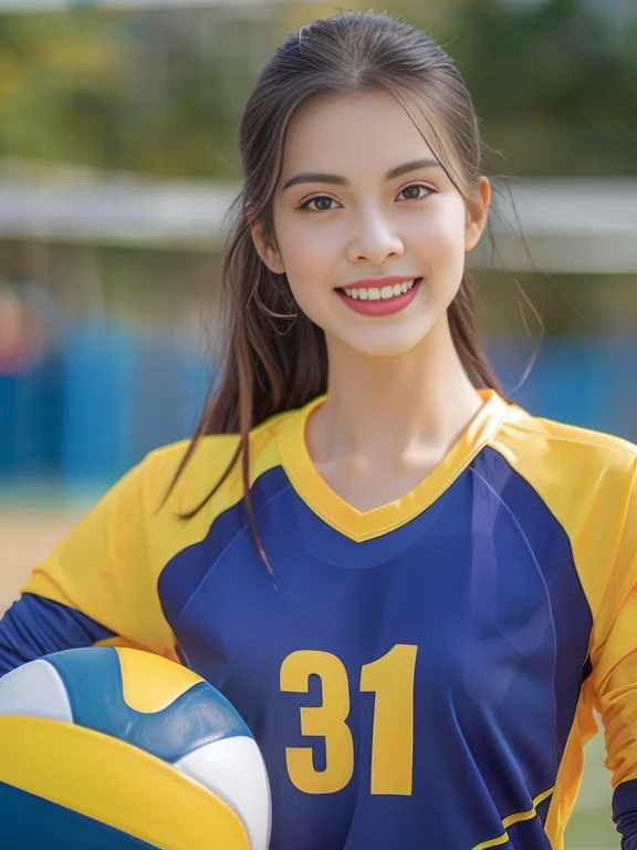 there is a woman holding a volleyball ball and smiling for the camera, wearing a volleyball jersey, volleyball, attractive woman, Cindy Avelino, Portrait, Portraitกลางช็อต, 18 years old, beautiful woman, attractive woman, high quality vertical, ผู้beautiful woman, Sporty, closeup Portrait, Wear a basketball shirt., 21 years old, 2 3 years old, medium sized vertical