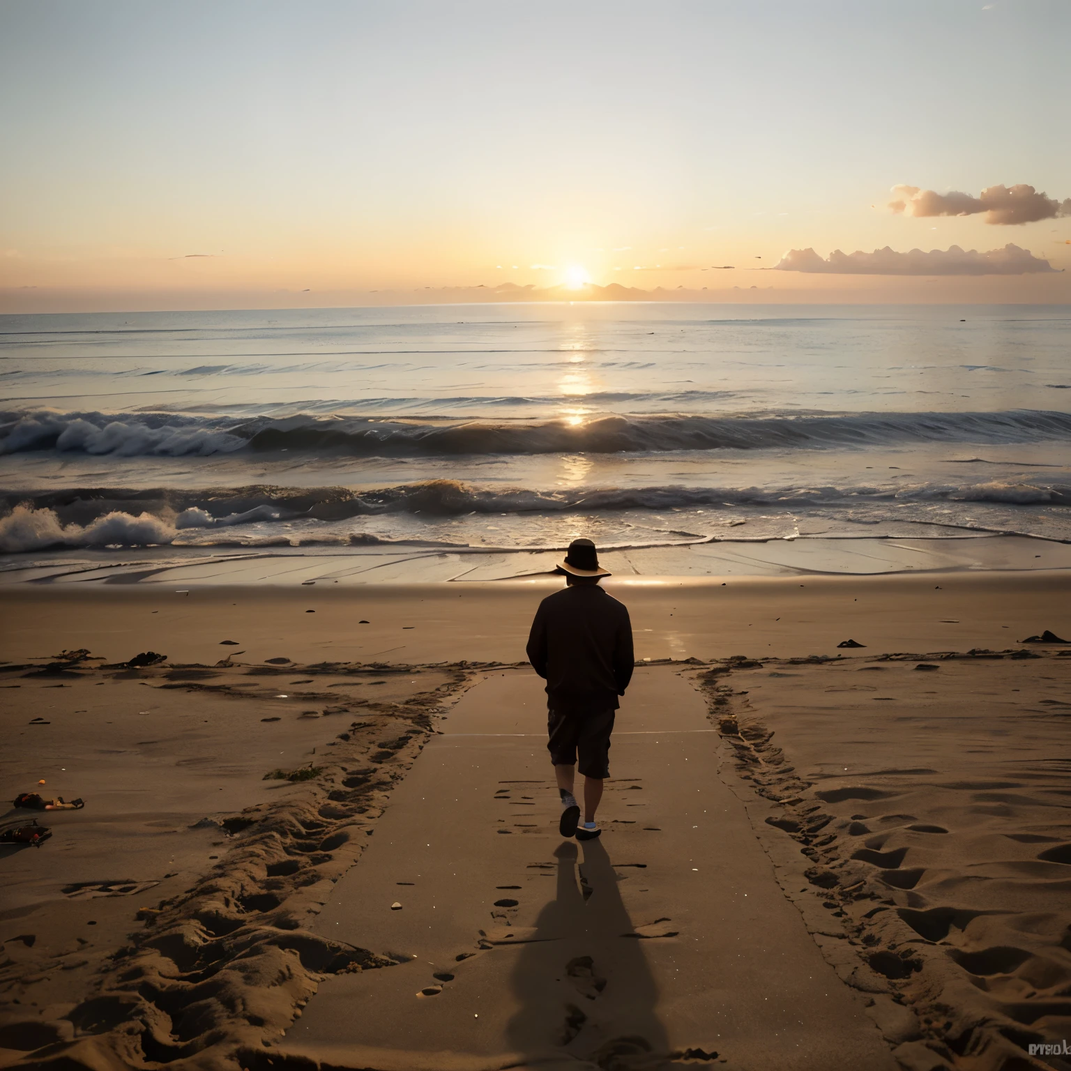 Gato naranja, caminando a la orilla de la playa durante un atardecer, clima soleado, mientras fuma un cigarrillo, several Jews watching it