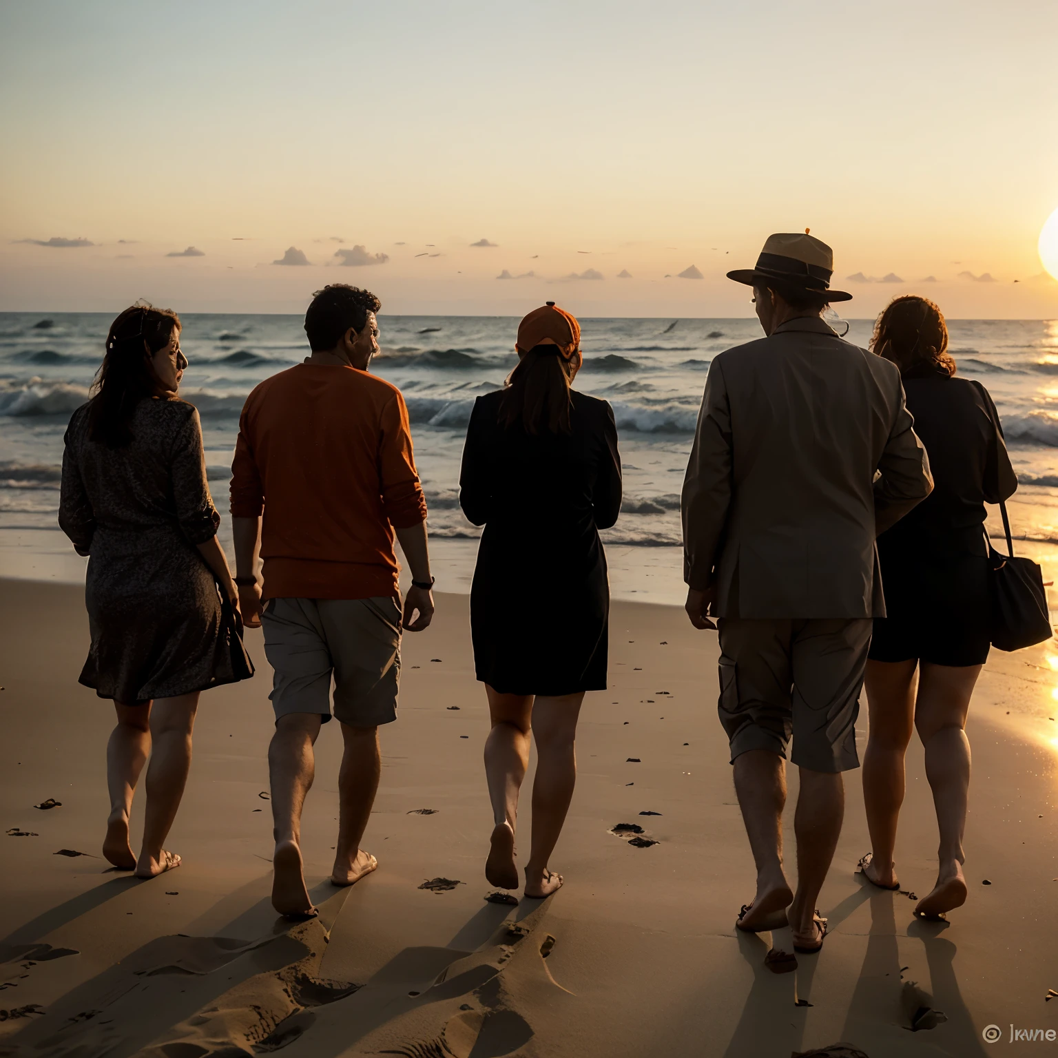 Nudist family on beach looking at sunset
