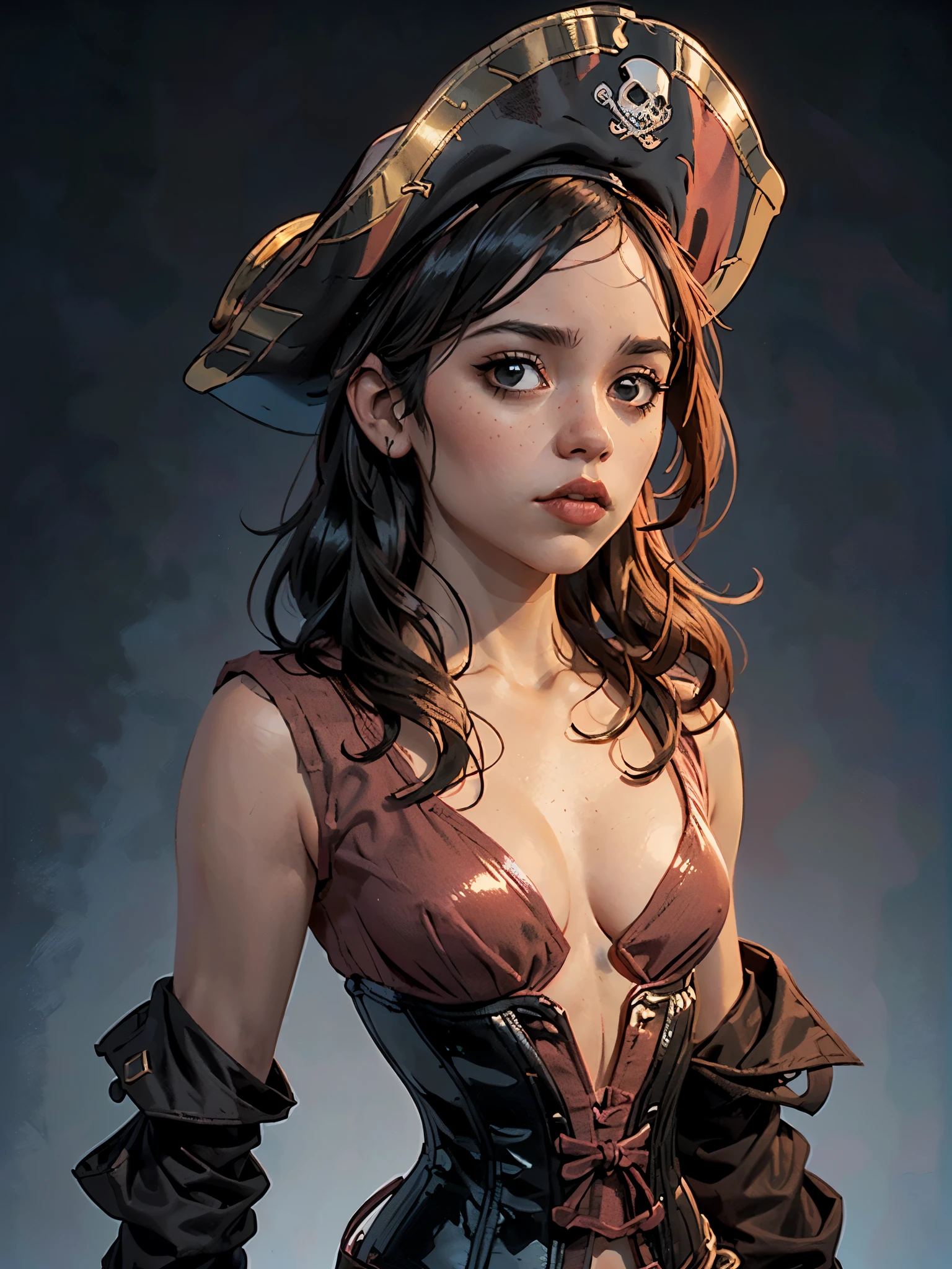 one girl, solo, (bust, upper body, front view:1.2), black eyes, jenna ortega, captain jack sparrow, pirate, pirate hat, pirate outfit, corset, (flat chest, male chest, small breasts, tiny breasts, cleavage, exposed breasts:1.3), (masterpiece, highly detailed, look at viewer, shiny blured grey background, gradient sprayed background, blured background:1.2)