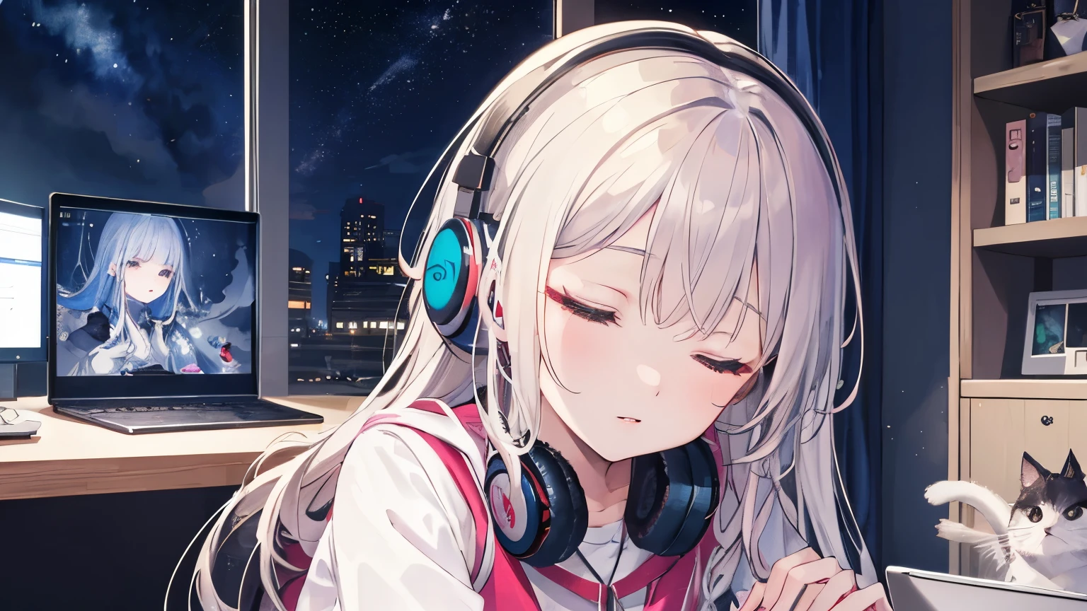 ((highest quality)), ((masterpiece)), (be familiar with), perfect face,Sleeping Girl、futuristic room、night sky、headphones、whole room、computer、Cats nearby
