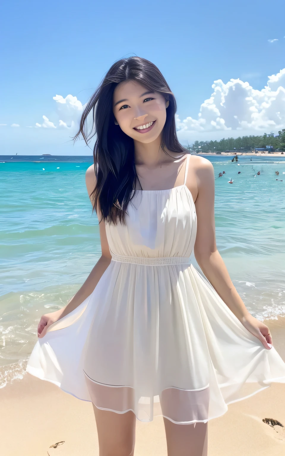 (masterpiece:1.2), super high quality, japanese girl, 1 girl, slender body, (18-year-old), smiling, sunshine, thighs, on a beach, (transparent micro-dress), 