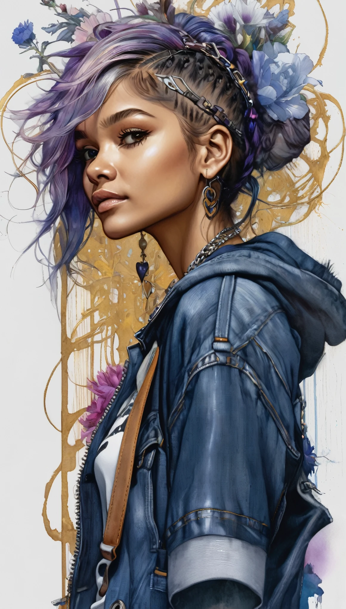 (zendaya), at the the Grand Central Terminal, cinematic, medium shot, whole head in frame, detailed face, detailed eyes, evening, punk aesthetic, pale blue ripped jeans, braces, suspenders, black boots, white shirt, skull, heart, necklace, chain, bullets, black leather jacket, dark blue beanie, tattoo sleeve, right arm, intricate design, flowers, yellowed skull, dyed hair, light purple roots, blue ends, navy T-shirt, rock, chick, messy hair, Full body, Beautiful anime waifu style girl,hyperdetailed painting, luminism, art by Carne Griffiths and Wadim Kashin concept art, dark background, abstract beauty, approaching perfection, pure form, golden ratio, minimalistic, dark atmosphere, unfinished, concept art, by Brian Froud and Carne Griffiths and Wadim Kashin and John William Waterhouse, intricate details, 8k post production, high resolution, hyperdetailed, trending on artstation, sharp focus, studio photo, intricate details, highly detailed, by greg rutkowski