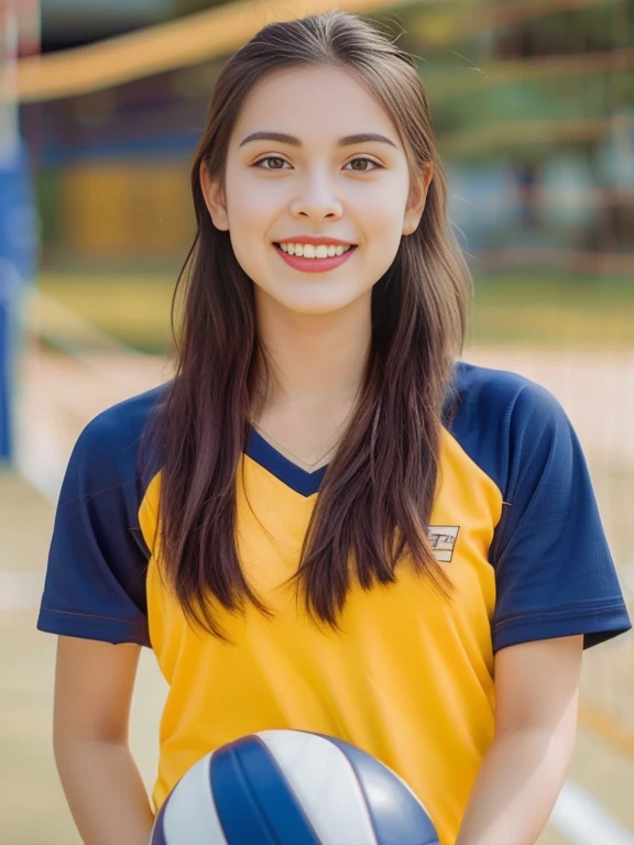 Girl Aarav holds a volleyball ball in a yellow and blue shirt., Wear a volleyball shirt., Cindy Avelino, Portrait in the middle of a shot, Gemma Chen, Niwan Chandra, young woman wearing uniform, medium sized vertical, happiness, Middle picture, Wearing a school football uniform, fan art, Full characteristics, Nod your head., Shiho, Vertical n - 9