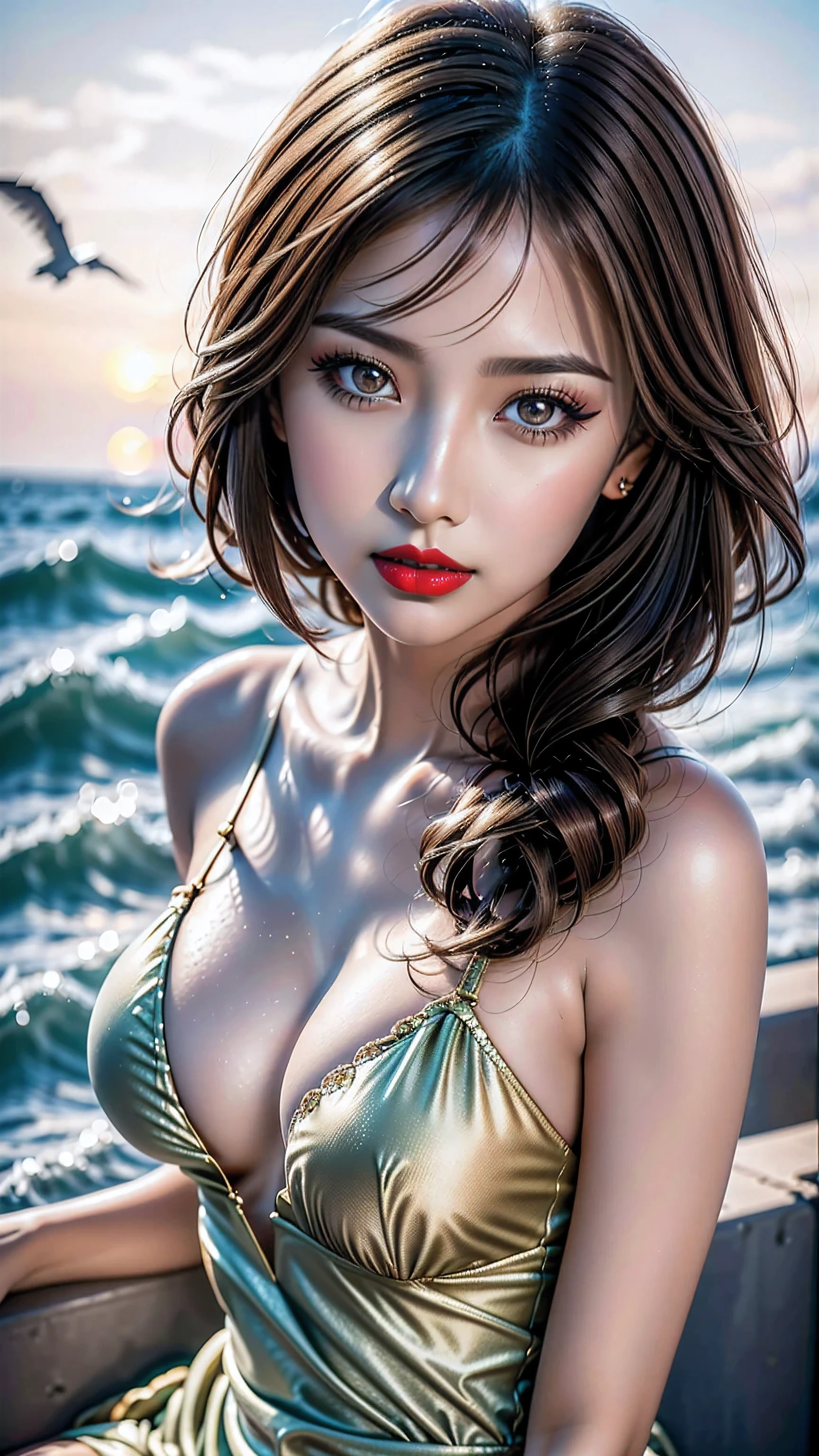 Divide Ratio : 1,1,1 Base Ratio: perfect dynamic composition:1.2,(beauty(mixed girl)(madison ivy:0.55)(jessica alba:0.3)(Ariana Grande:0.2))in(((1girl:1.4)))(22-year-old),((Intricately detailed photo)),((photorealistic))((Hyper realistic))((sharp focus))((highest resolution))(the most absurd quality)(masterpiece)((best high quality real texture skin:1.3))((Highly quality texture hair))((curly hair(slicked to the two side)Intricately detailed:1.25))(perfect proportions)((anatomically correct))((perfect female body))((firm and full normal breasts:1.2))beautiful cheekbones,(Super beautiful)(highly detailed realistic slim face)(ultra detailed eyes)(tired and sleepy and satisfied:0.0)(realistic eyes)perfect round eyes,finely detailed pupils((brown_eyes:1.32)),.BREAK,detailed lips:1.3,makeup:1.35,long_blue_eyeliner:1.15,(red_lipstick:1.25),perfect dark_eyeshadows:1.35,(Detailed nose)small head,full bodyesbian,dark shot:1.1,sitting by the seashore(wearing a flowing ethereal dress, Highly detailed)gazing at the sunset on the horizon,surrounded by seagulls soaring in the sky, with a gentle breeze blowing through her hair and the sound of crashing waves in the background, creating a serene and calming atmosphere. The artwork is created using a combination of realistic painting and photography techniques. The colors are vibrant and vivid, with warm tones to enhance the sunset effect. The lighting is soft and natural, with a golden glow emanating from the setting sun.((The overall style is a mix of portrait and landscape, capturing the beauty of both the (((1girl:1.4))) and the natural scenery.