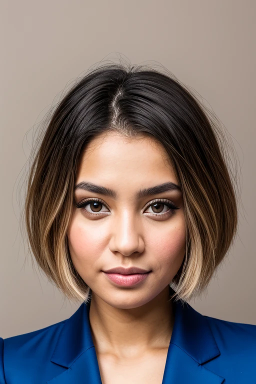 full face portrait photo, nude woman, short cropped style haircut, blonde, 25 years old, 50% African-American, 25% Egyptian, 25% Iranian, plain neutral background, no shadows, uniform lighting, no beard, no facial hair, no shadows, even lighting, ring light, facing camera, face well lit