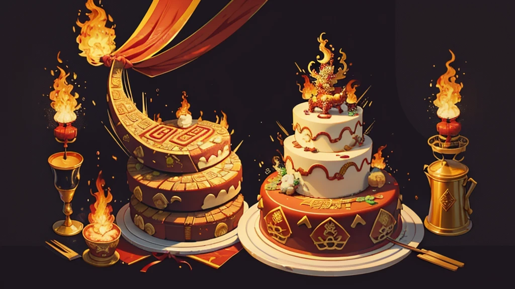 Chinese Cake, unusual cake, multi-tiered cake, Huge cake, cake with incredible decorations, dragon cake, flames, aggressive cake, bright cake, without people