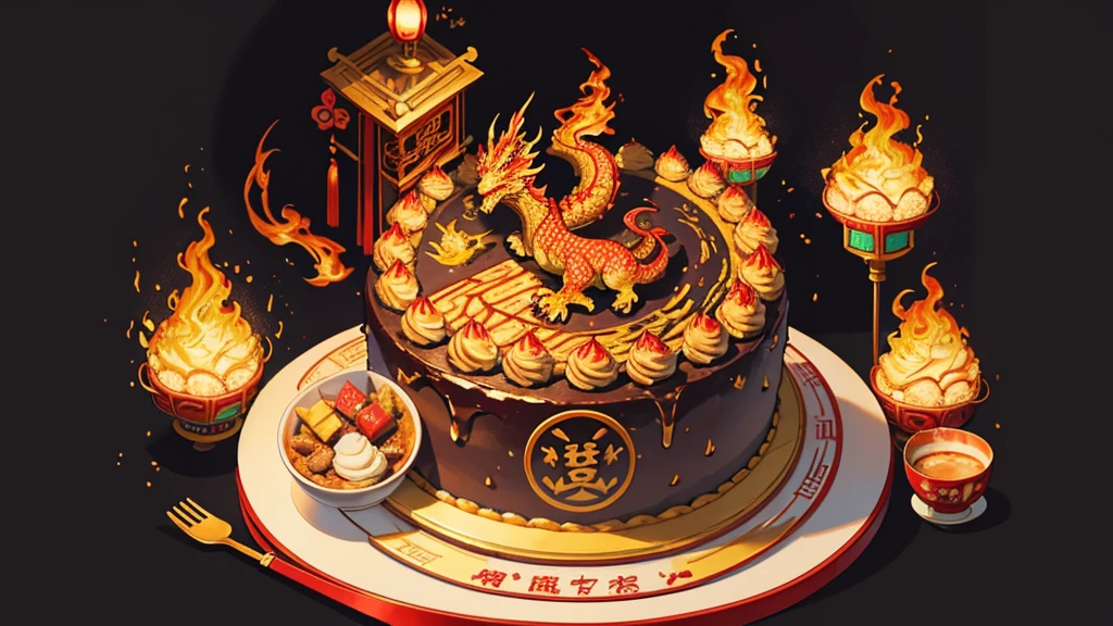 Chinese Cake, unusual cake, multi-tiered cake, Huge cake, cake with incredible decorations, dragon cake, flames, aggressive cake, bright cake, without people