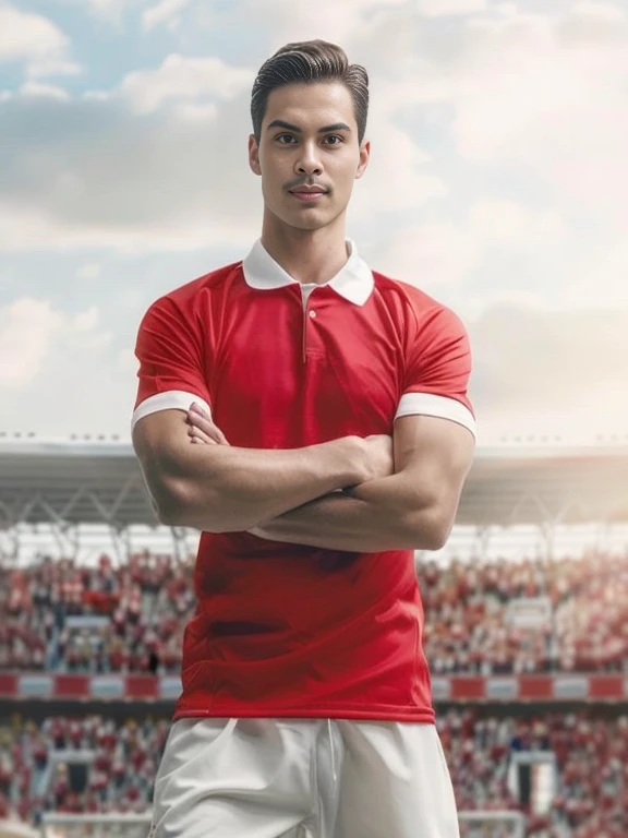 arafed man in a red shirt standing in front of a soccer stadium, football player, Professional sports style, Wearing a red captain's uniform, wear red dress, red shirt, football player, red sports clothes, wear red clothes, Portrait, light stubble with red shirt, attractive man, Stand in the stadium, Inspired by Arnold Bronckhorst