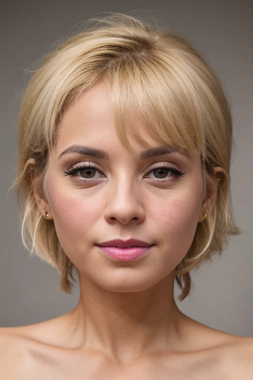 full face portrait photo, nude woman, short cropped style haircut, blonde, 35 years old, 25% African-American, 25% Mexican, 25% Egyptian, 25% Iranian, plain neutral background, no shadows, uniform lighting, no beard, no facial hair, no shadows, even lighting, ring light, facing camera, face well lit