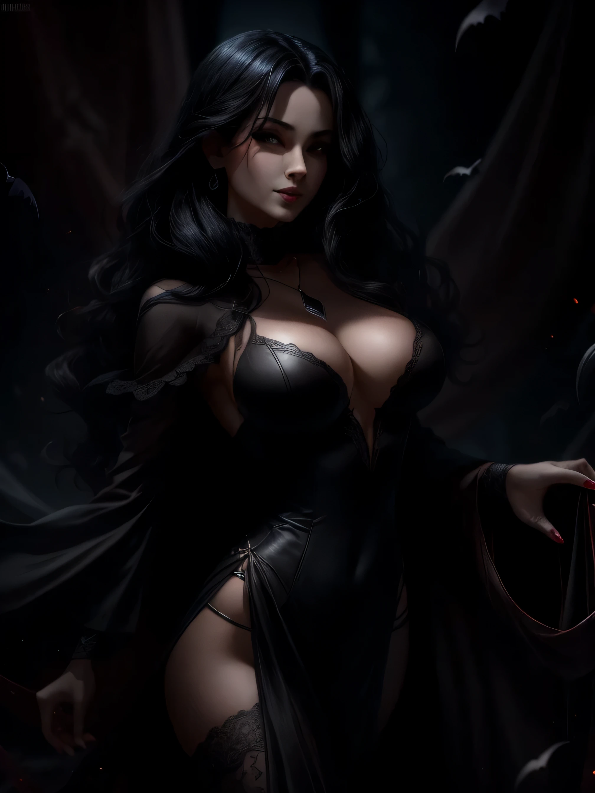Gliding silently through the darkness of the night, a vampire of stunning beauty walks elegantly. Her slender, graceful body is wrapped in a long black dress, which flows in the wind as she moves. Her midnight-black hair falls in perfect waves over her pale, delicate shoulders. His eyes, intense and mesmerizing, glow with a deep shade of red, revealing his vampiric nature. She possesses fine, perfectly sculpted features, with seductive red lips and a mysterious smile. Around her neck, she wears a necklace adorned with a bat-shaped pendant, a symbol of her ancestral lineage. The Beautiful Full-Body Rogue is a being of power and seduction, capable of attracting anyone with her charm and beauty, but also holds dark secrets and a voracious appetite for blood."